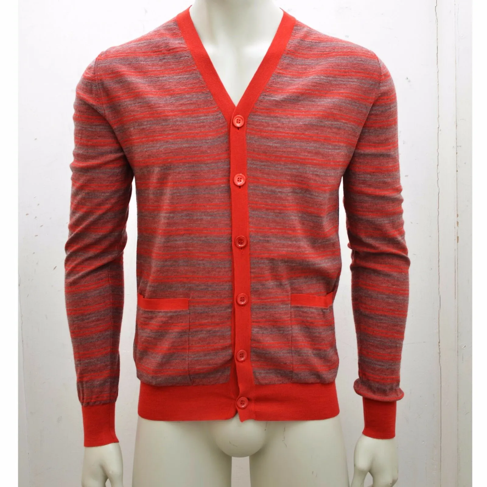 Red & Grey Striped Wool Cardigan Jumper