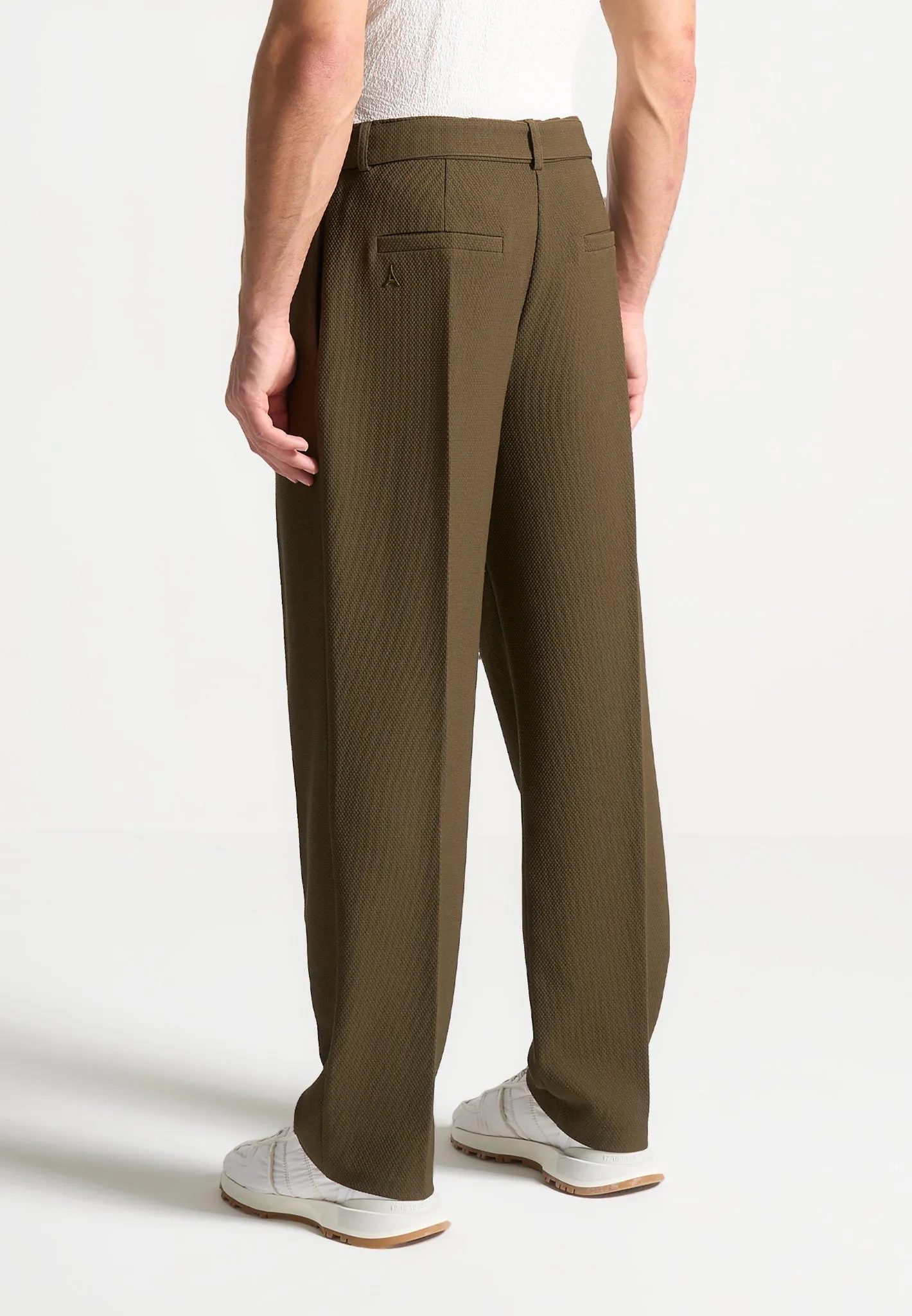 Relaxed Fit Textured Belted Tailored Trousers - Khaki