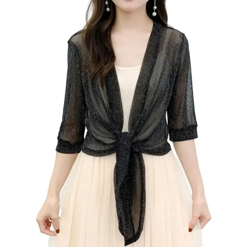 See-through Glittery Front Lace-up Summer Cardigan