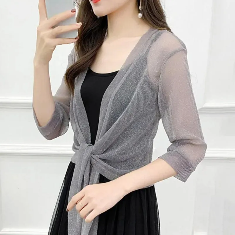 See-through Glittery Front Lace-up Summer Cardigan