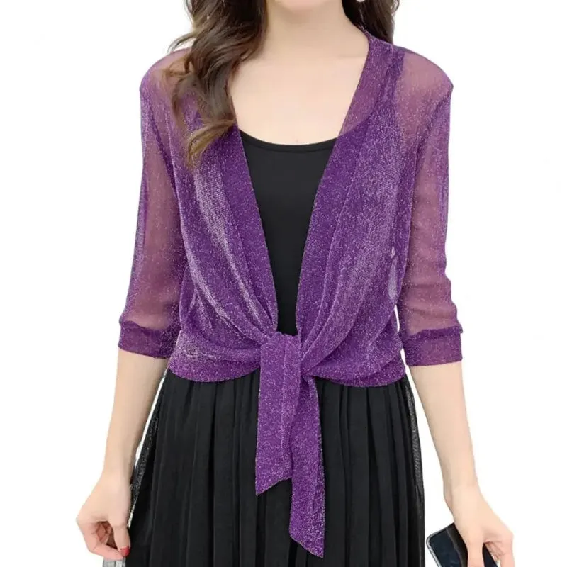 See-through Glittery Front Lace-up Summer Cardigan