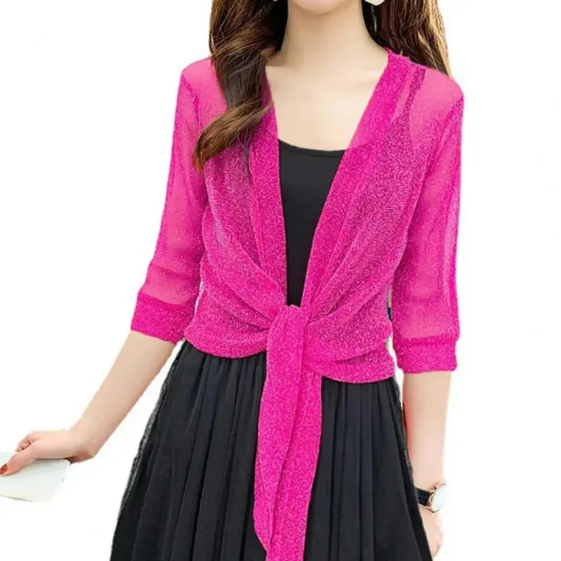 See-through Glittery Front Lace-up Summer Cardigan