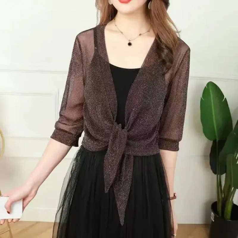 See-through Glittery Front Lace-up Summer Cardigan