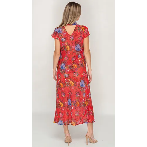 Sleeve Less Semi Long Red Floral Print 2 in 1 Reversible Dress For Women