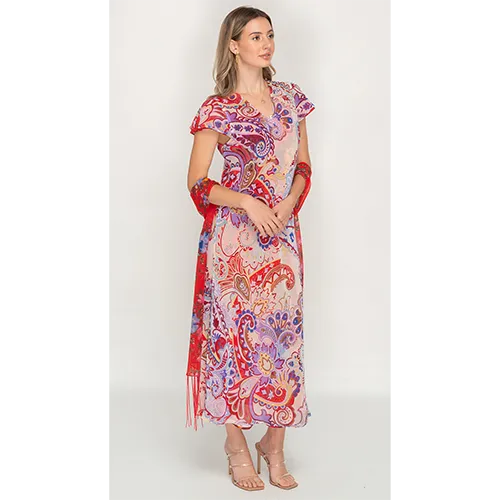 Sleeve Less Semi Long Red Floral Print 2 in 1 Reversible Dress For Women