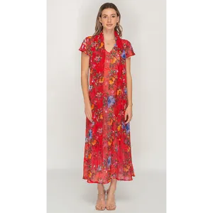 Sleeve Less Semi Long Red Floral Print 2 in 1 Reversible Dress For Women