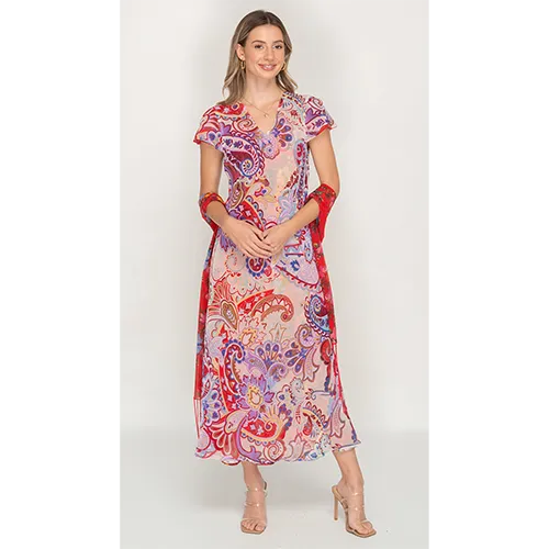 Sleeve Less Semi Long Red Floral Print 2 in 1 Reversible Dress For Women