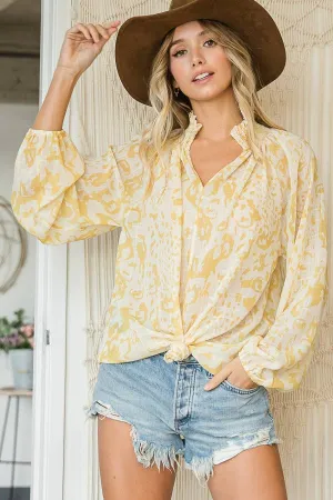 Smoked Stand Collar Jacquard Chiffon Blouse