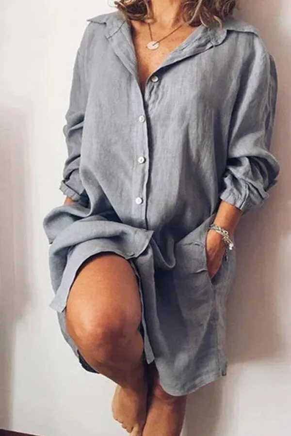 Solid Color Loose Double Pocket Long Sleeve Long Shirt