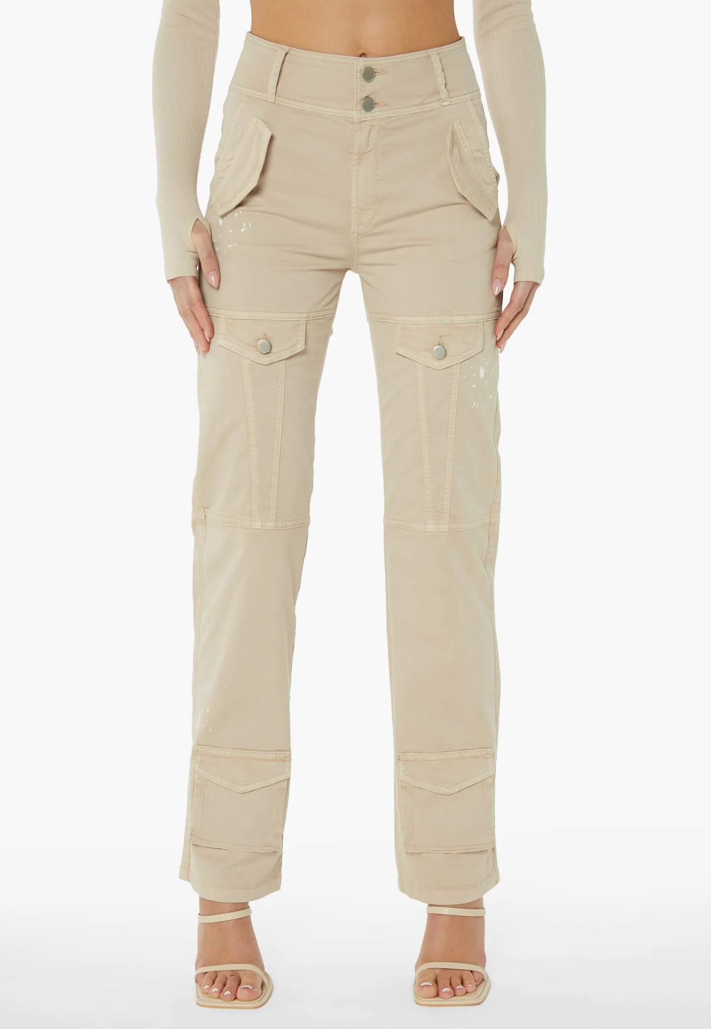 Straight Leg Pocket Flap Trousers - Stone