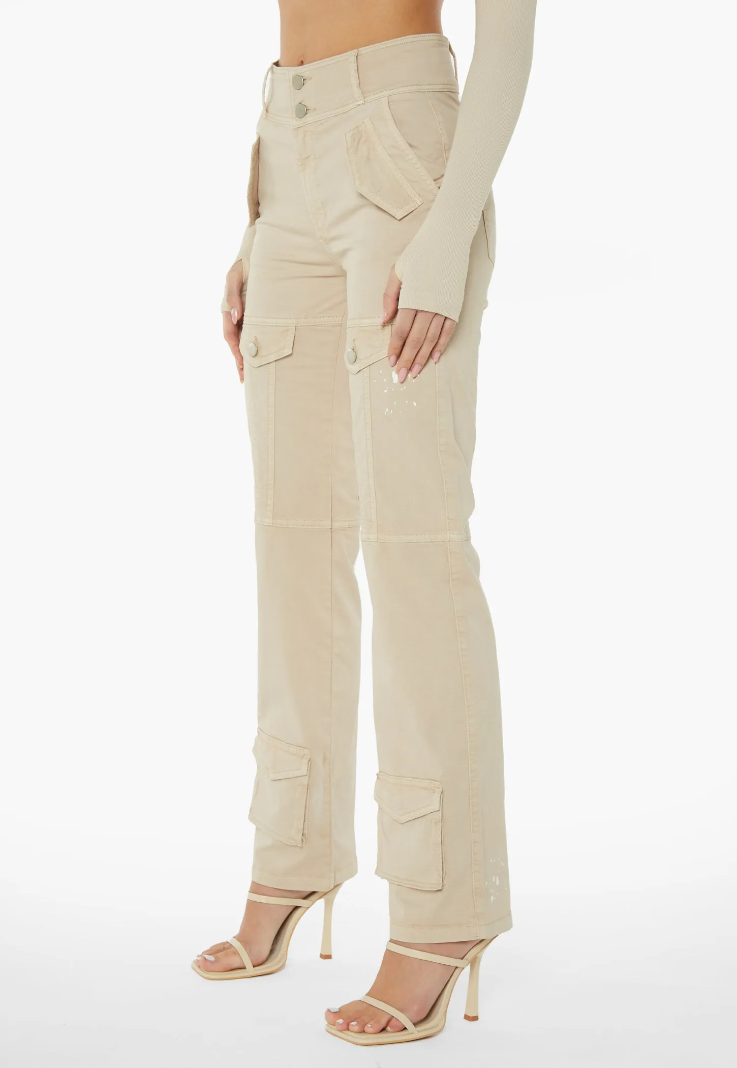 Straight Leg Pocket Flap Trousers - Stone