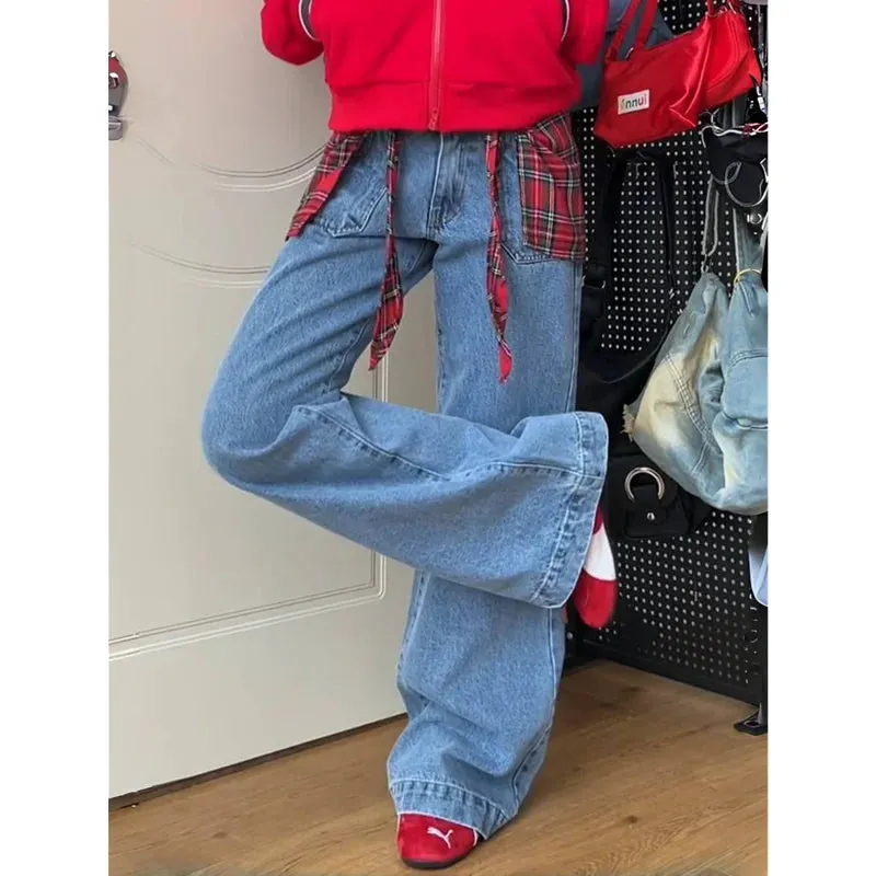 TAIVIMART  -  Y2K Blue Jeans For Women High Quality High Waist American Street Wide Leg Pants Hip Hop Vintage Straight Autumn Trousers