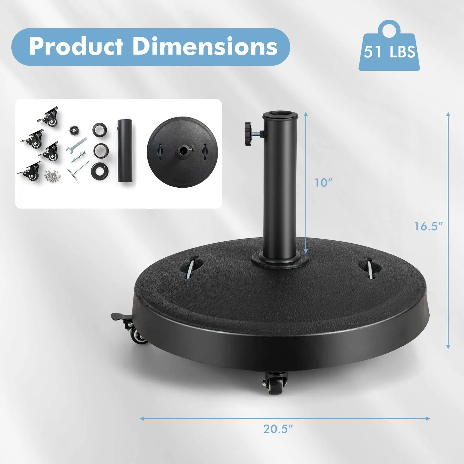 Tangkula 51 lbs Patio Umbrella Base with Wheels, 20.5 Inches Heavy Duty Round Outdoor Umbrella Stand for 10 ft Table Market Offset Umbrella