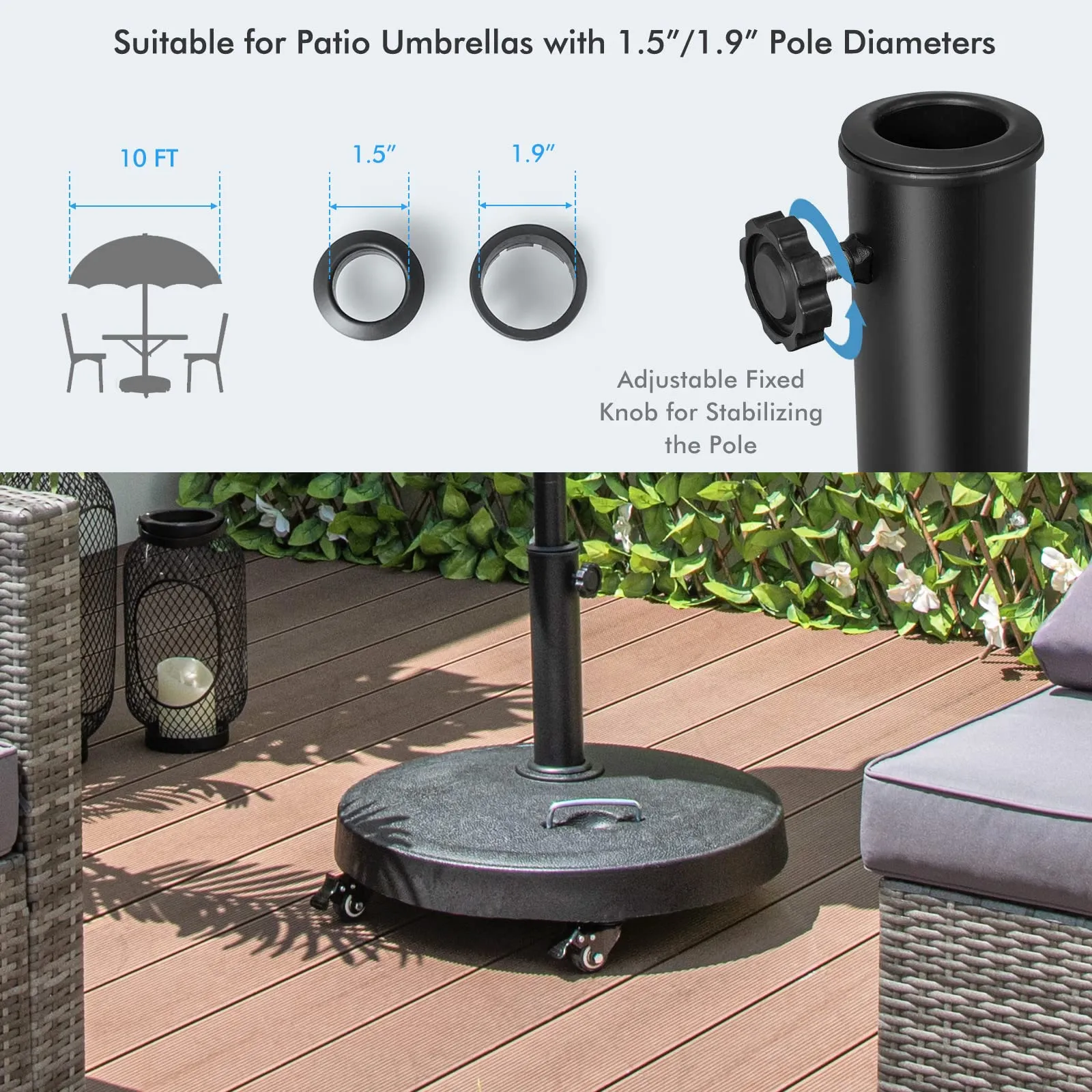 Tangkula 51 lbs Patio Umbrella Base with Wheels, 20.5 Inches Heavy Duty Round Outdoor Umbrella Stand for 10 ft Table Market Offset Umbrella