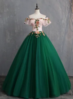 The Cheap Price Green Ball Gown Tulle Off the Shoulder Appliques Quinceanera Dress