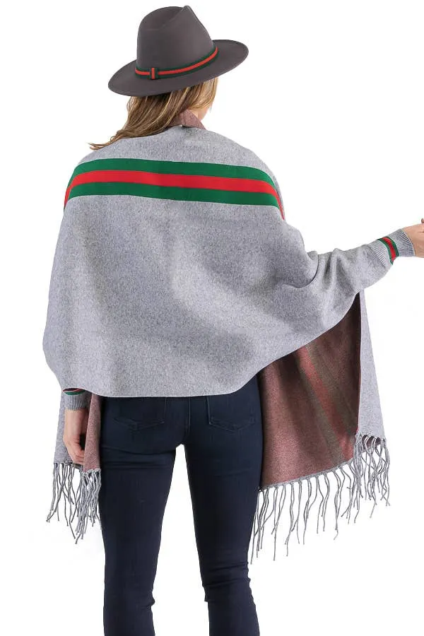 Tri-Stripe Faux Cashmere Cardigan Sweater Shrug Poncho: Gray