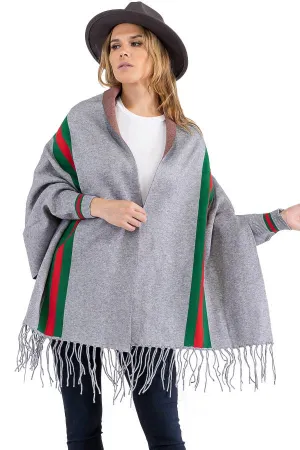 Tri-Stripe Faux Cashmere Cardigan Sweater Shrug Poncho: Gray