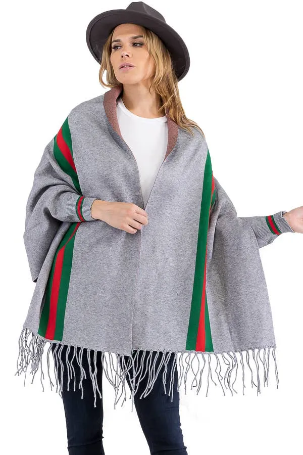 Tri-Stripe Faux Cashmere Cardigan Sweater Shrug Poncho: Gray