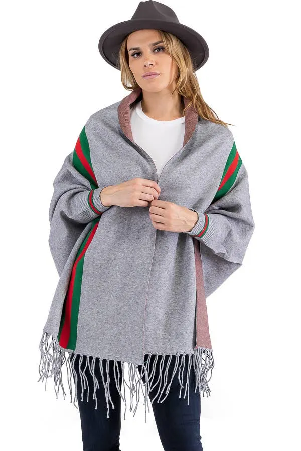 Tri-Stripe Faux Cashmere Cardigan Sweater Shrug Poncho: Gray