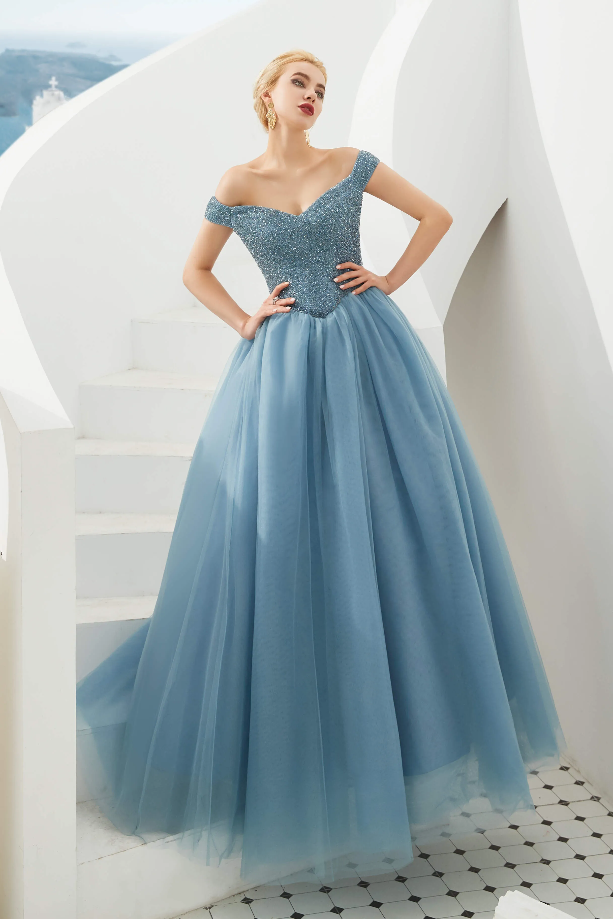 Tulle A line Off Shoulder Sweetheart Beaded Bodice Long Prom Dresses