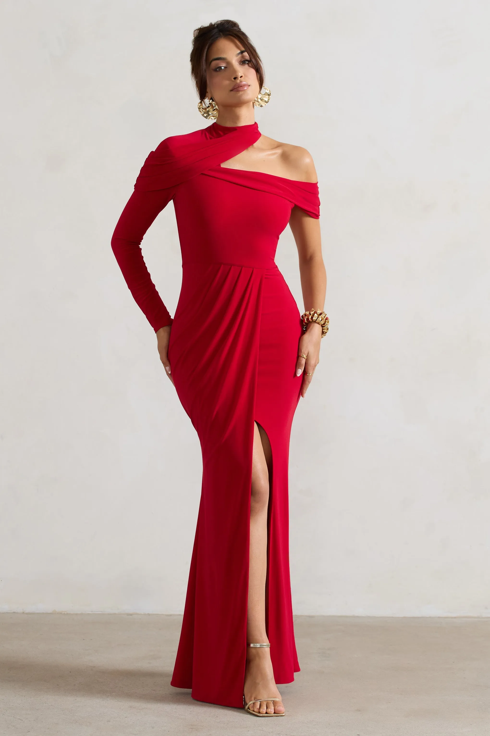 Tyla | Red Asymmetric High-Neck Split Maxi Dress