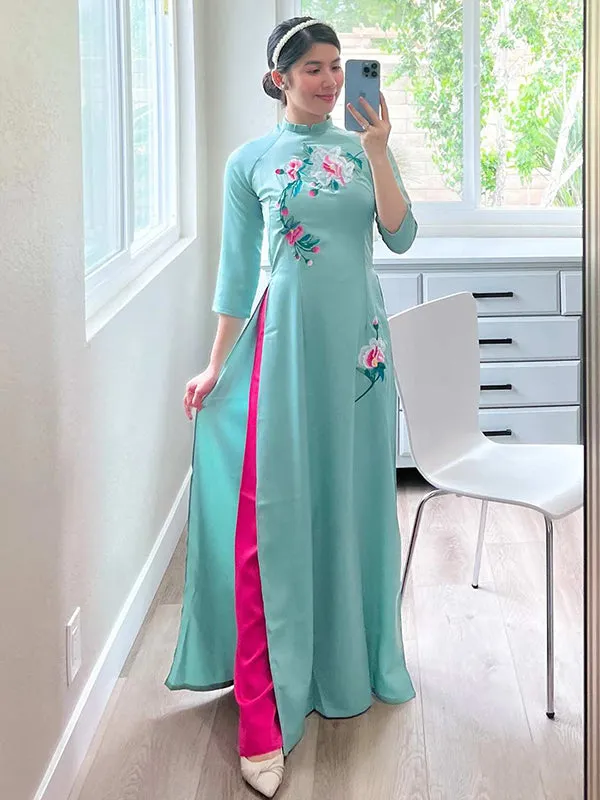 Vietnamese Ao Dai Ao Dai Dress Cyan Embroidery Includes One Ao Dai Top And Pants