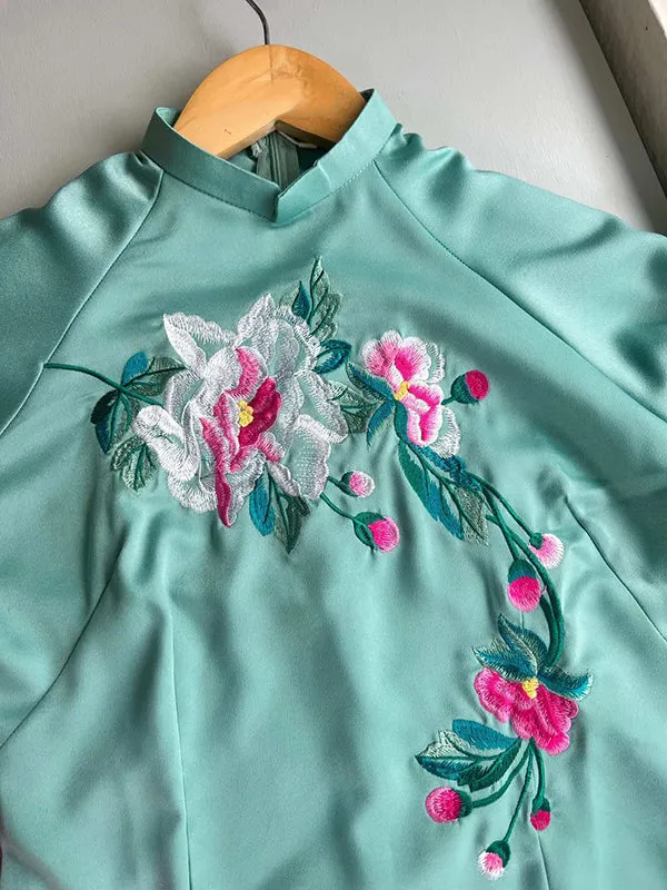 Vietnamese Ao Dai Ao Dai Dress Cyan Embroidery Includes One Ao Dai Top And Pants