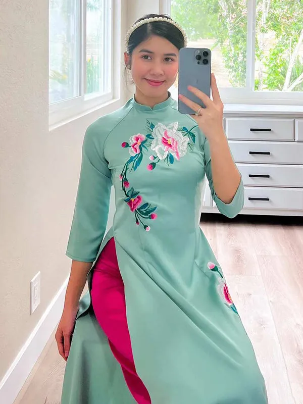 Vietnamese Ao Dai Ao Dai Dress Cyan Embroidery Includes One Ao Dai Top And Pants