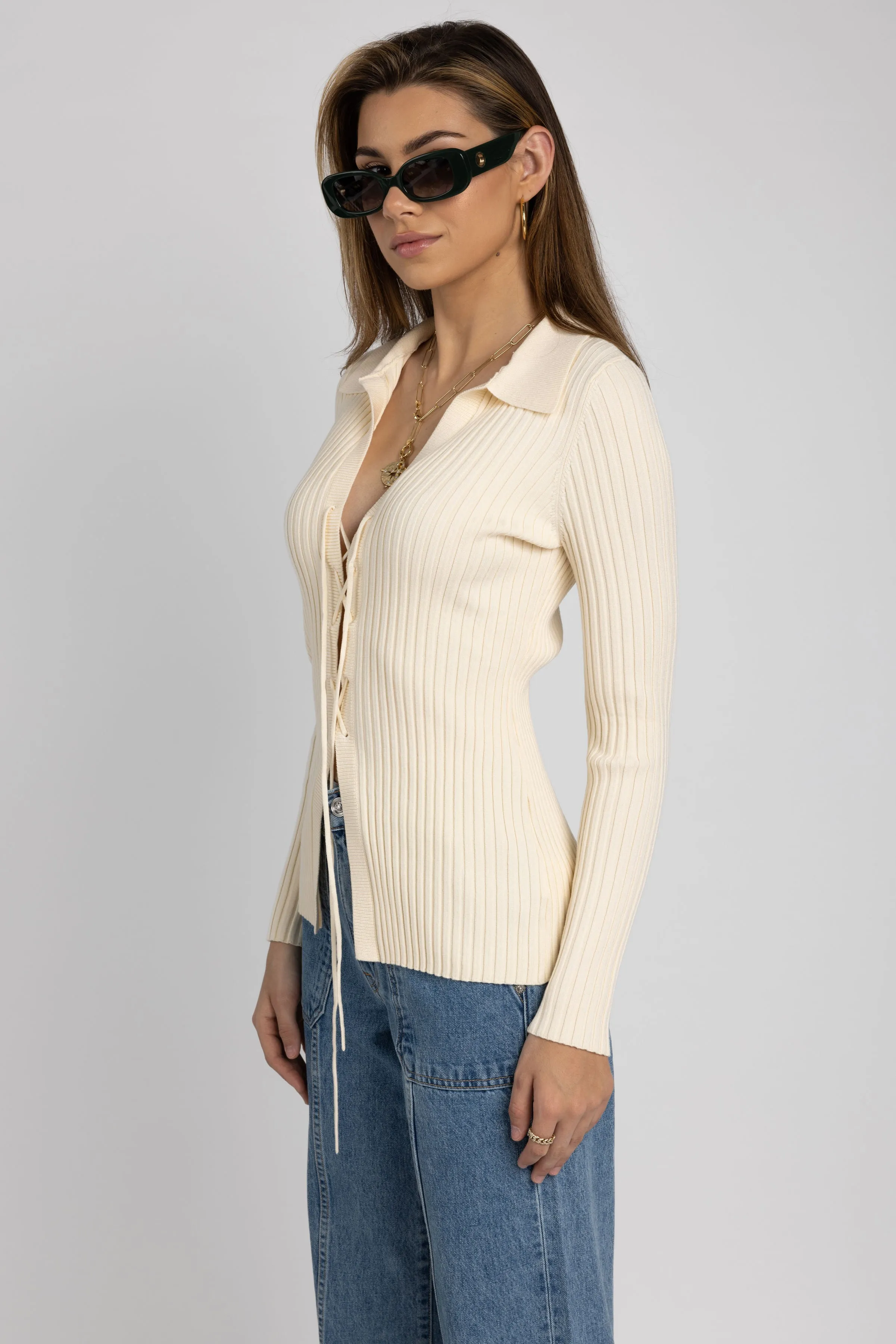 Viscose Knit Laced Cardigan in Light Shell