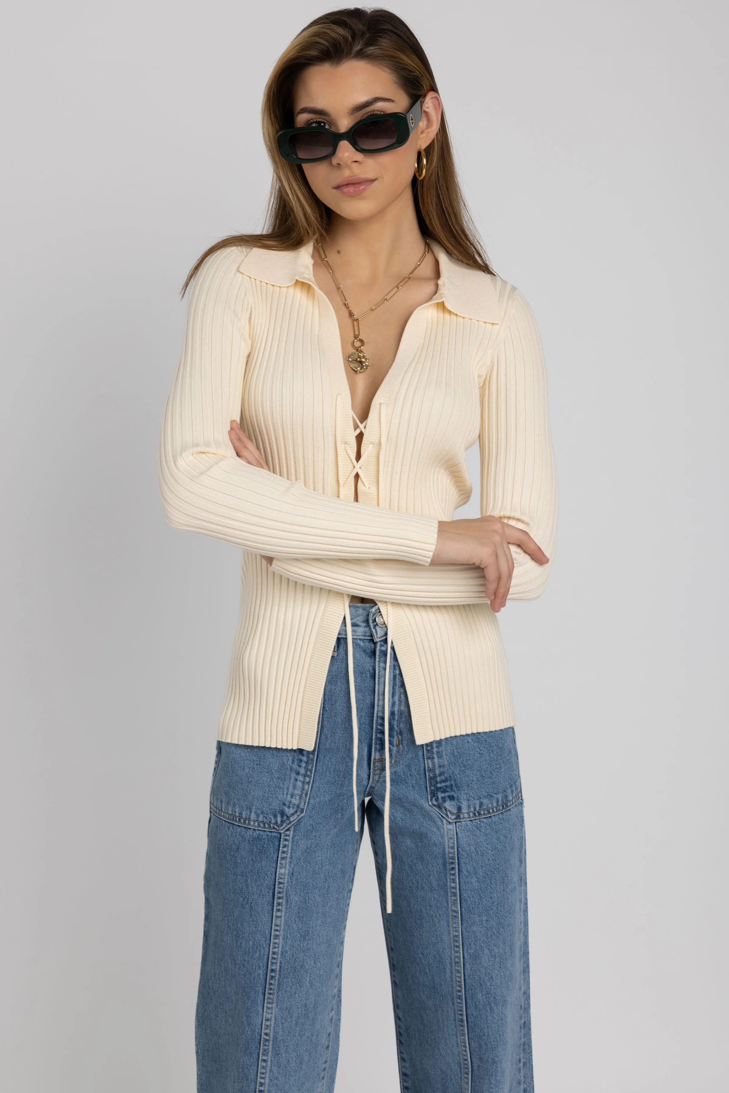 Viscose Knit Laced Cardigan in Light Shell