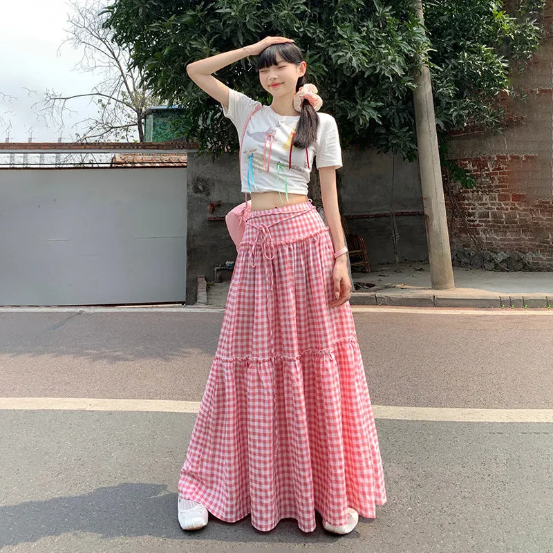 Wenkouban church outfit Retro Pink Plaid Lace-up High Waist Skirt for Women 2024 Summer New Loose Slimming Casual Skirt Umbrella Skirt