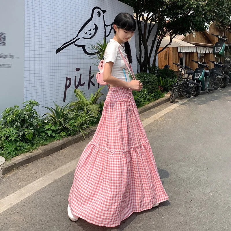 Wenkouban church outfit Retro Pink Plaid Lace-up High Waist Skirt for Women 2024 Summer New Loose Slimming Casual Skirt Umbrella Skirt