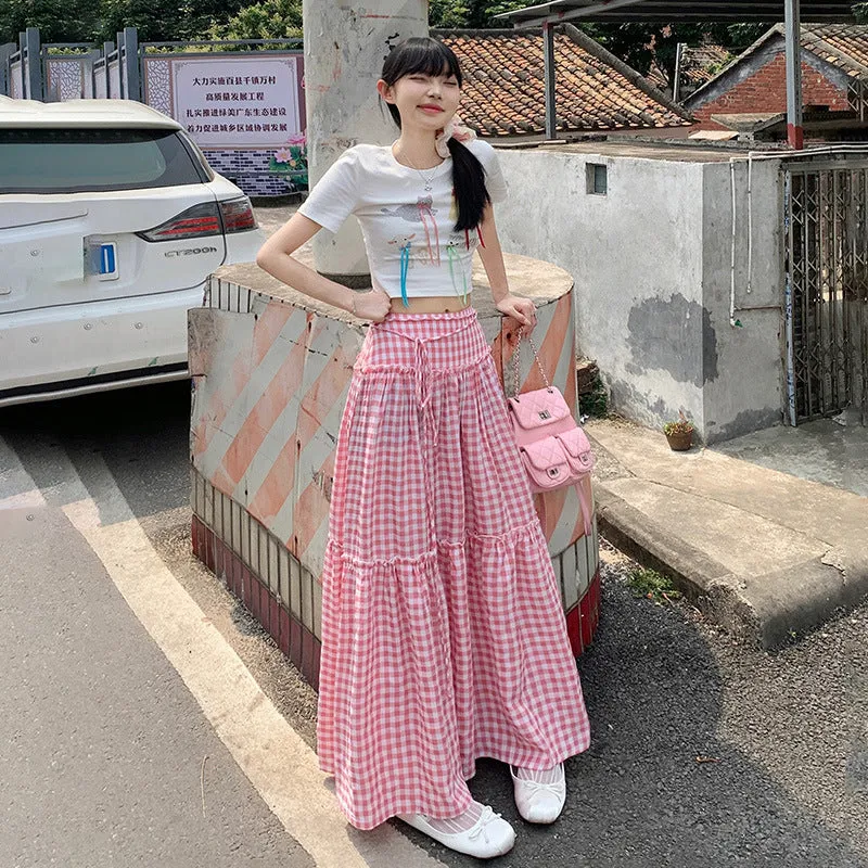 Wenkouban church outfit Retro Pink Plaid Lace-up High Waist Skirt for Women 2024 Summer New Loose Slimming Casual Skirt Umbrella Skirt