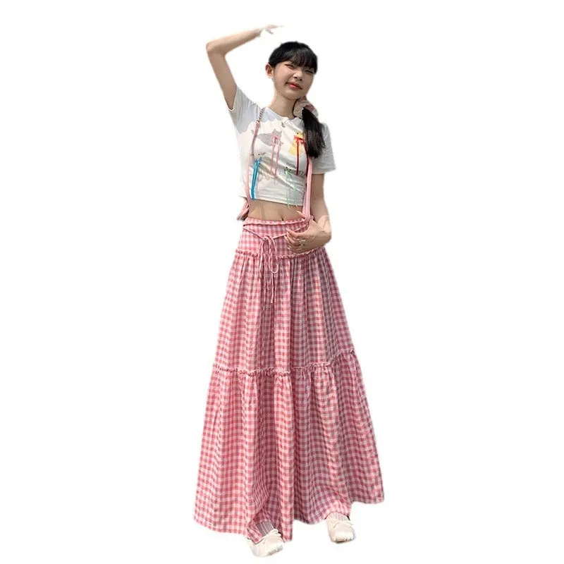 Wenkouban church outfit Retro Pink Plaid Lace-up High Waist Skirt for Women 2024 Summer New Loose Slimming Casual Skirt Umbrella Skirt