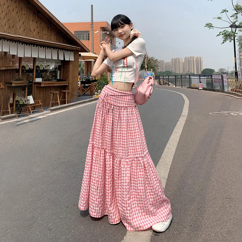 Wenkouban church outfit Retro Pink Plaid Lace-up High Waist Skirt for Women 2024 Summer New Loose Slimming Casual Skirt Umbrella Skirt