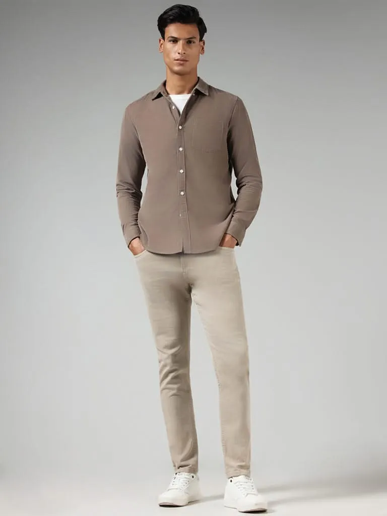 WES Casuals Solid Light Brown Corduroy Cotton Slim-Fit Shirt