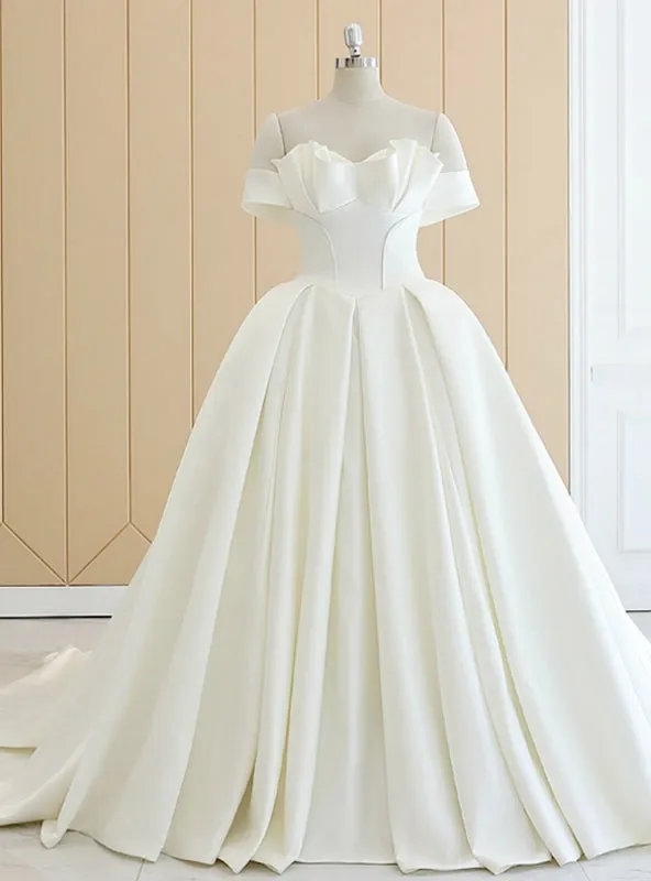 White Off The Shoulder Satin Wedding Dress With Long Train