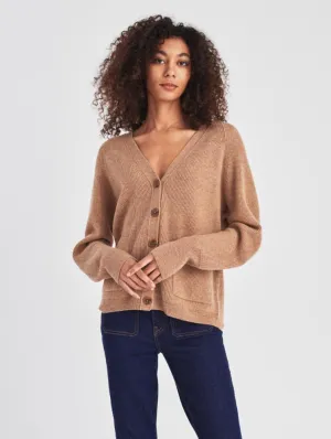 White   Warren - Cashmere Ribbed Patch Pocket Cardigan in Camel Heather