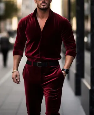 Wiaofellas  -  Men's Business Straight Leg Pockets Shirt Collar Velvet Jumpsuit