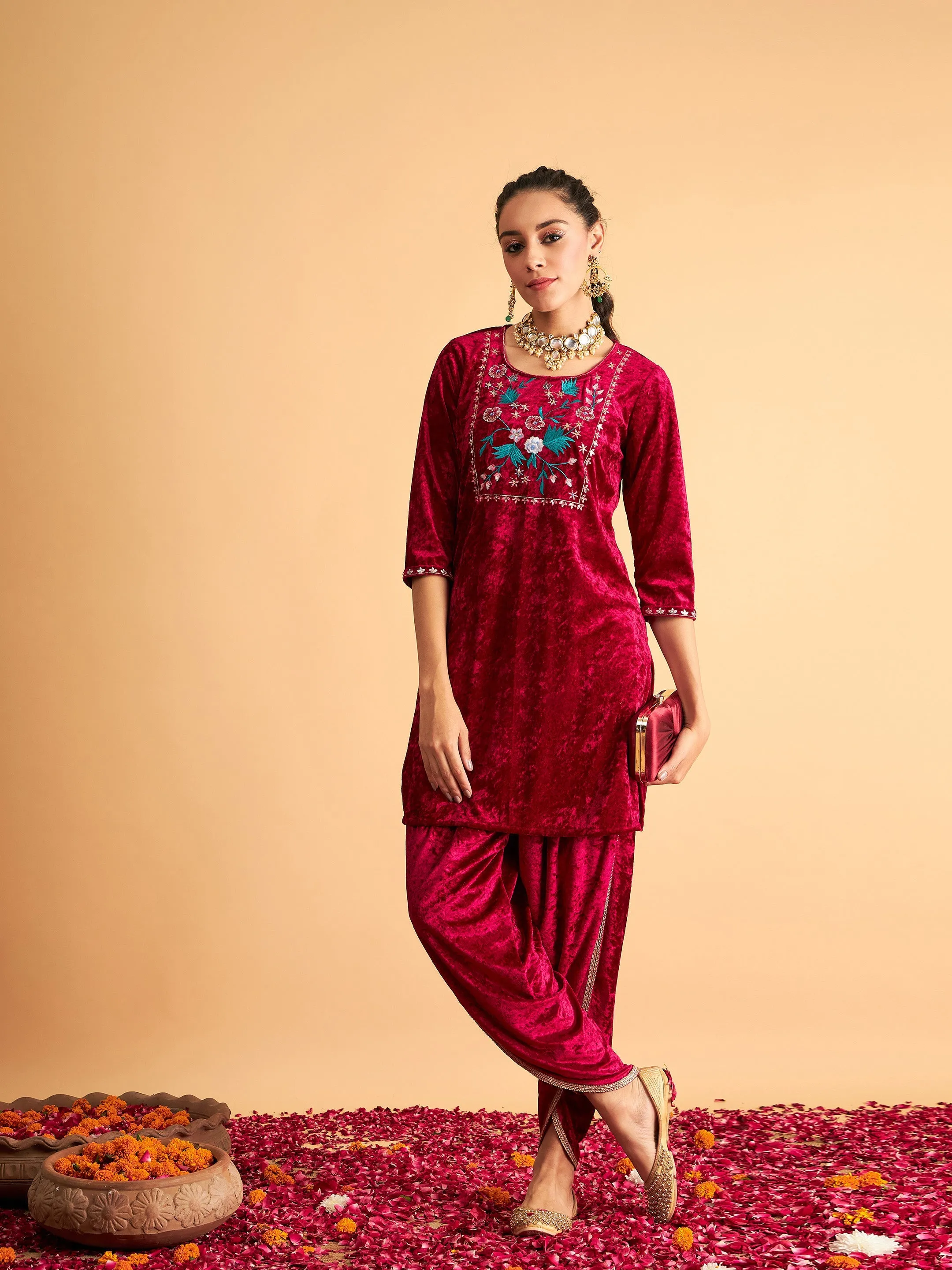 Women Fuchsia Velvet Embroidered Short Kurta With Dhoti Pants