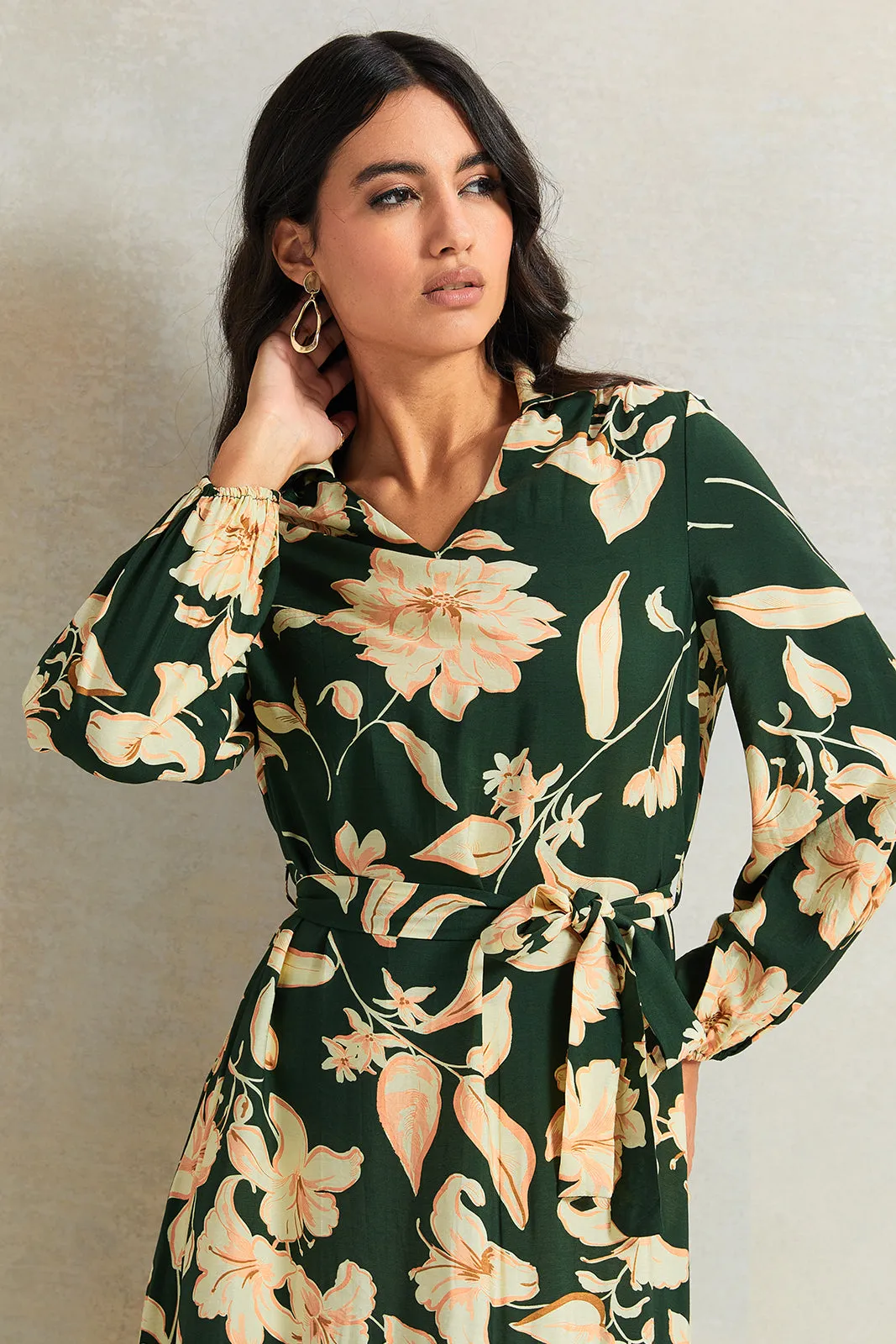 Women Green Printed Long Sleeve Dress