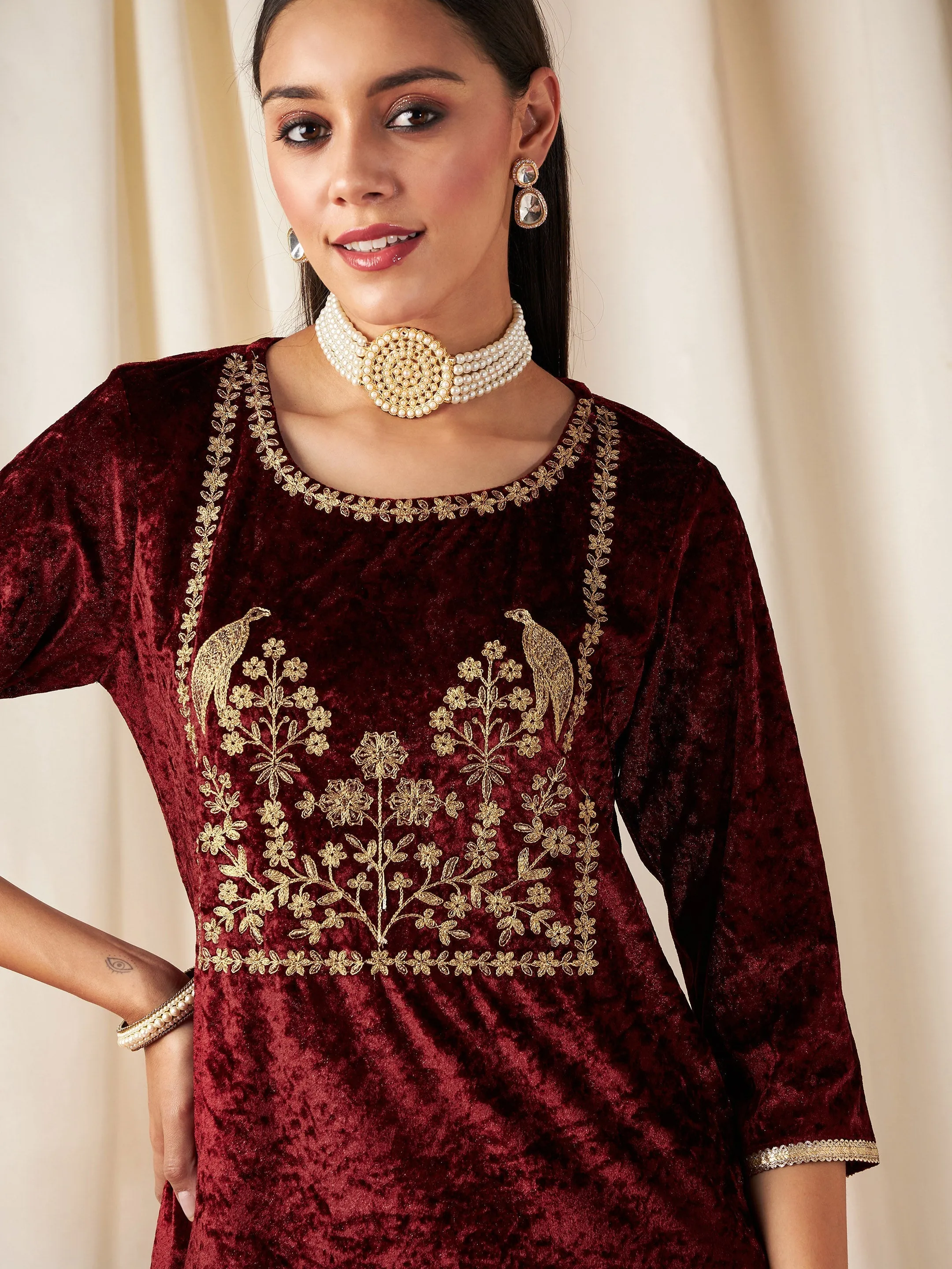 Women Maroon Velvet Embroidered Yoke Short Kurta With Pants