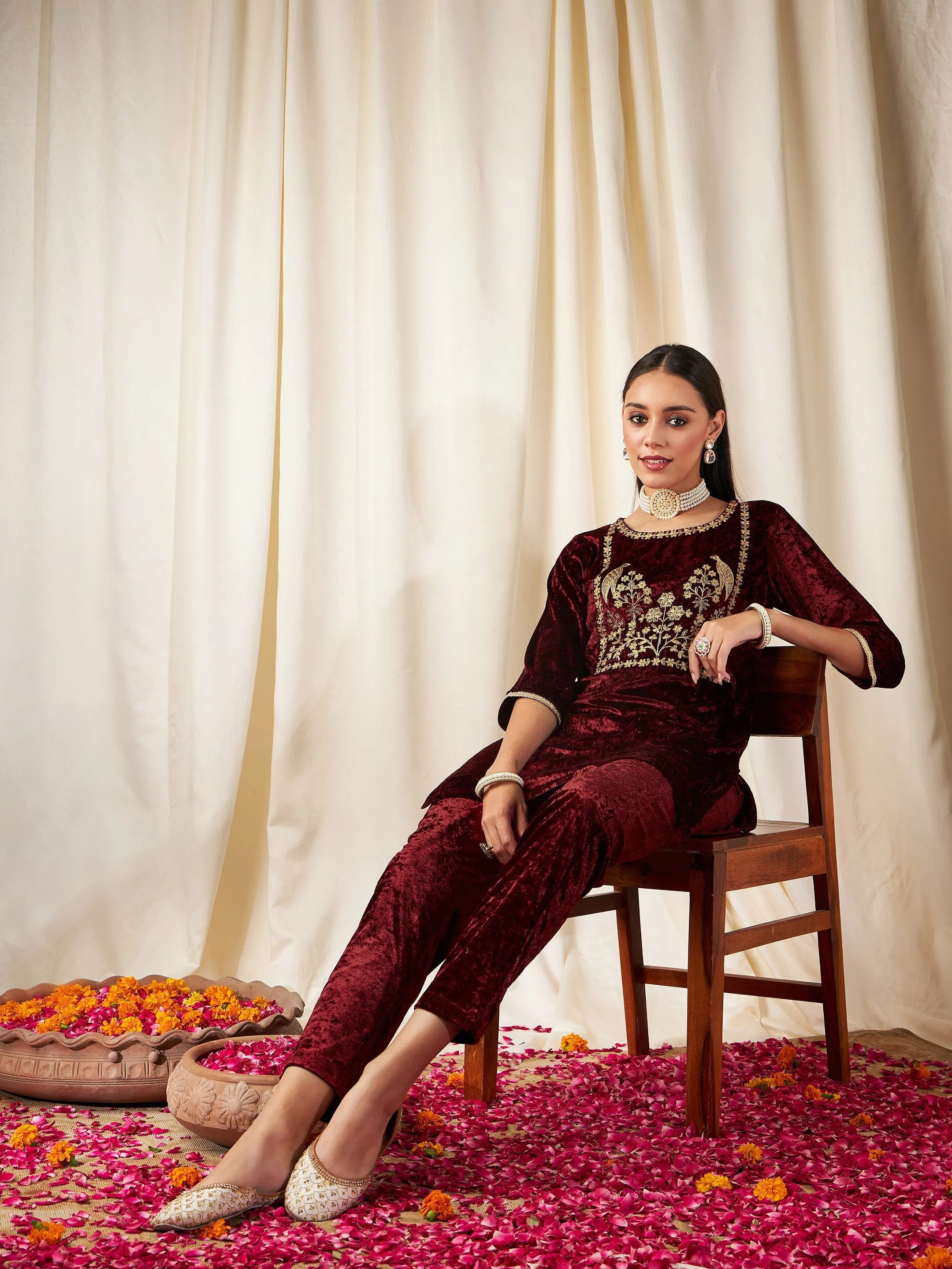 Women Maroon Velvet Embroidered Yoke Short Kurta With Pants