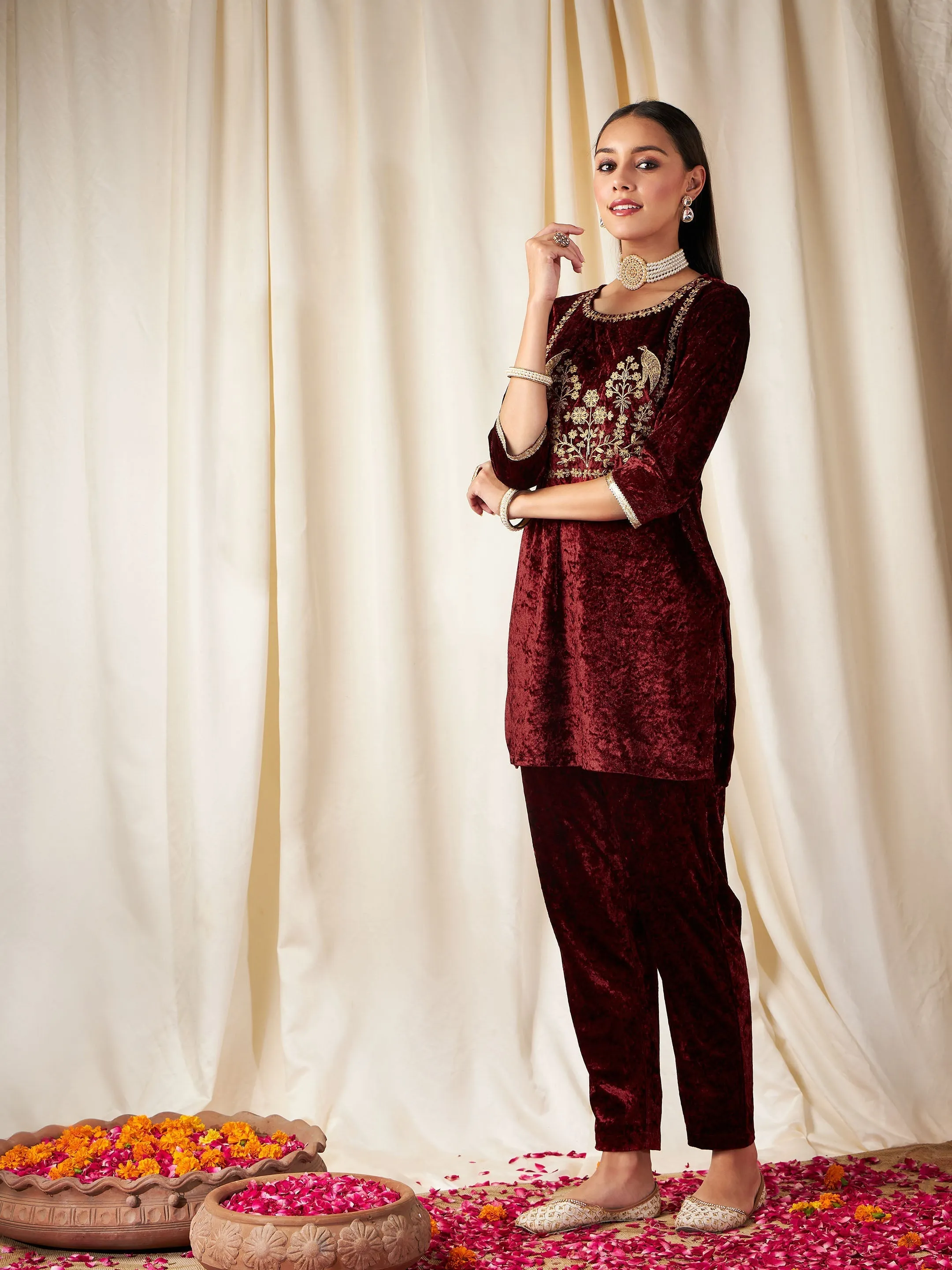 Women Maroon Velvet Embroidered Yoke Short Kurta With Pants