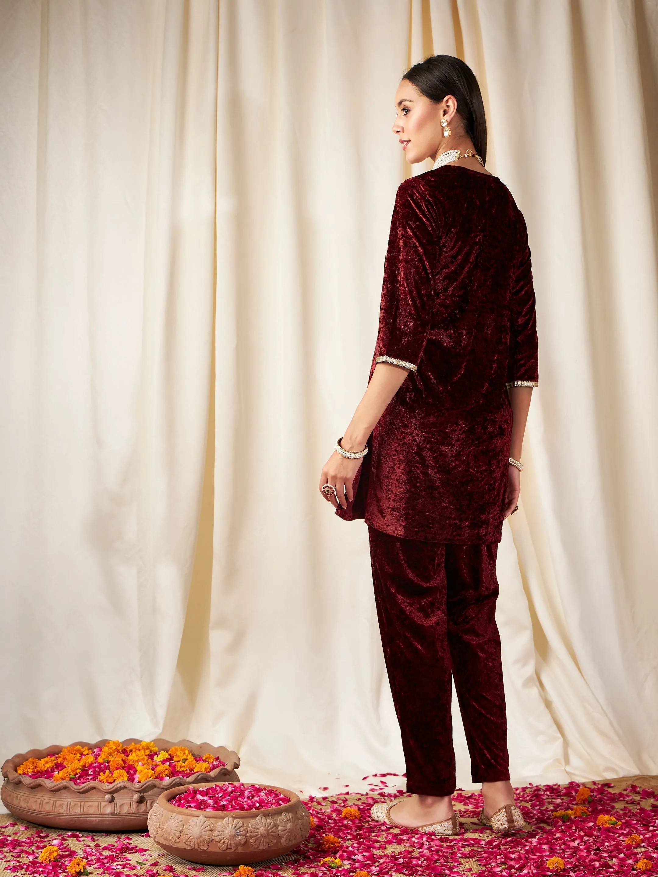 Women Maroon Velvet Embroidered Yoke Short Kurta With Pants