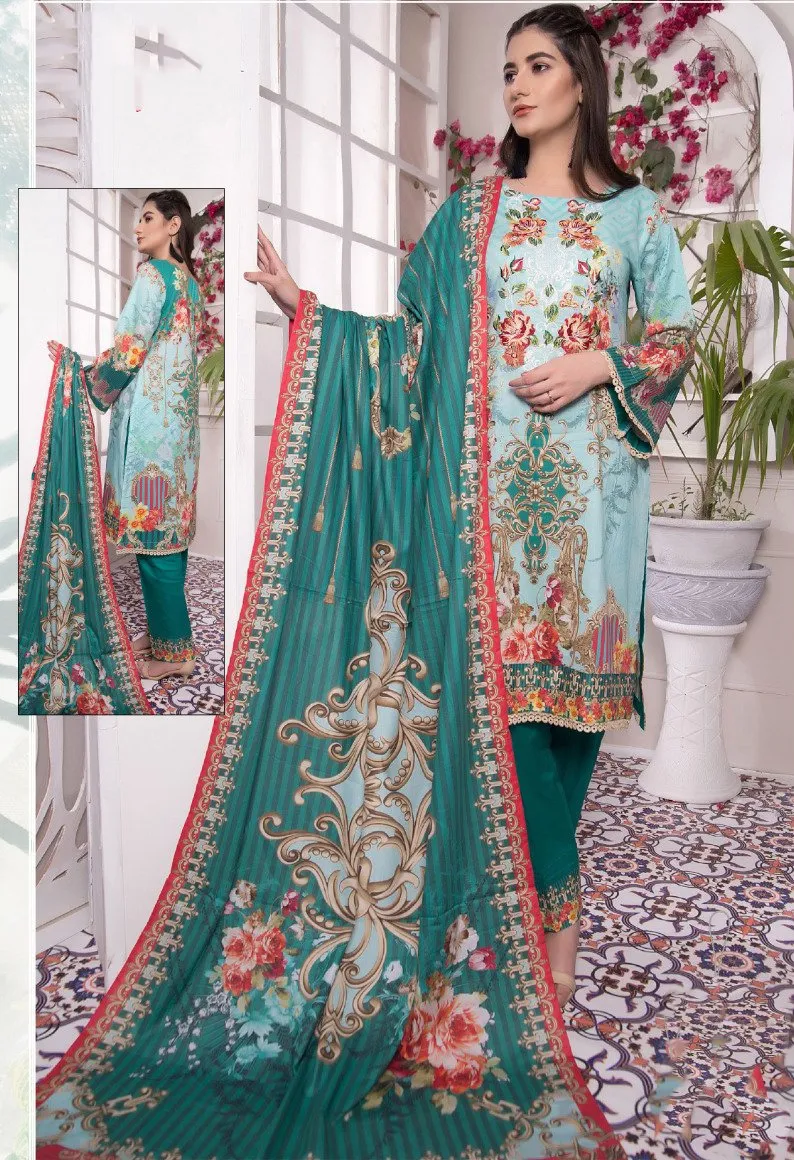 Women's Cotton Green Pakistani Unstitched Suit Dress Material