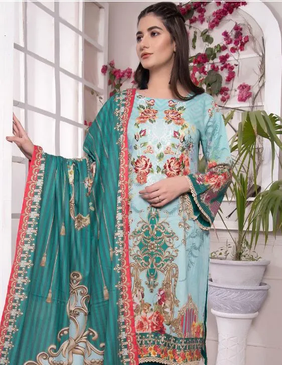 Women's Cotton Green Pakistani Unstitched Suit Dress Material