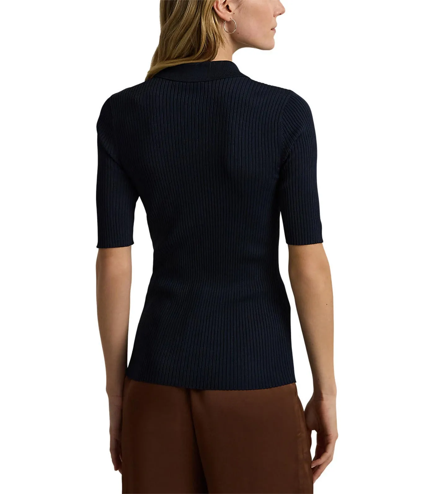 Women's Rib-Knit Elbow-Sleeve Polo Cardigan Lauren Navy