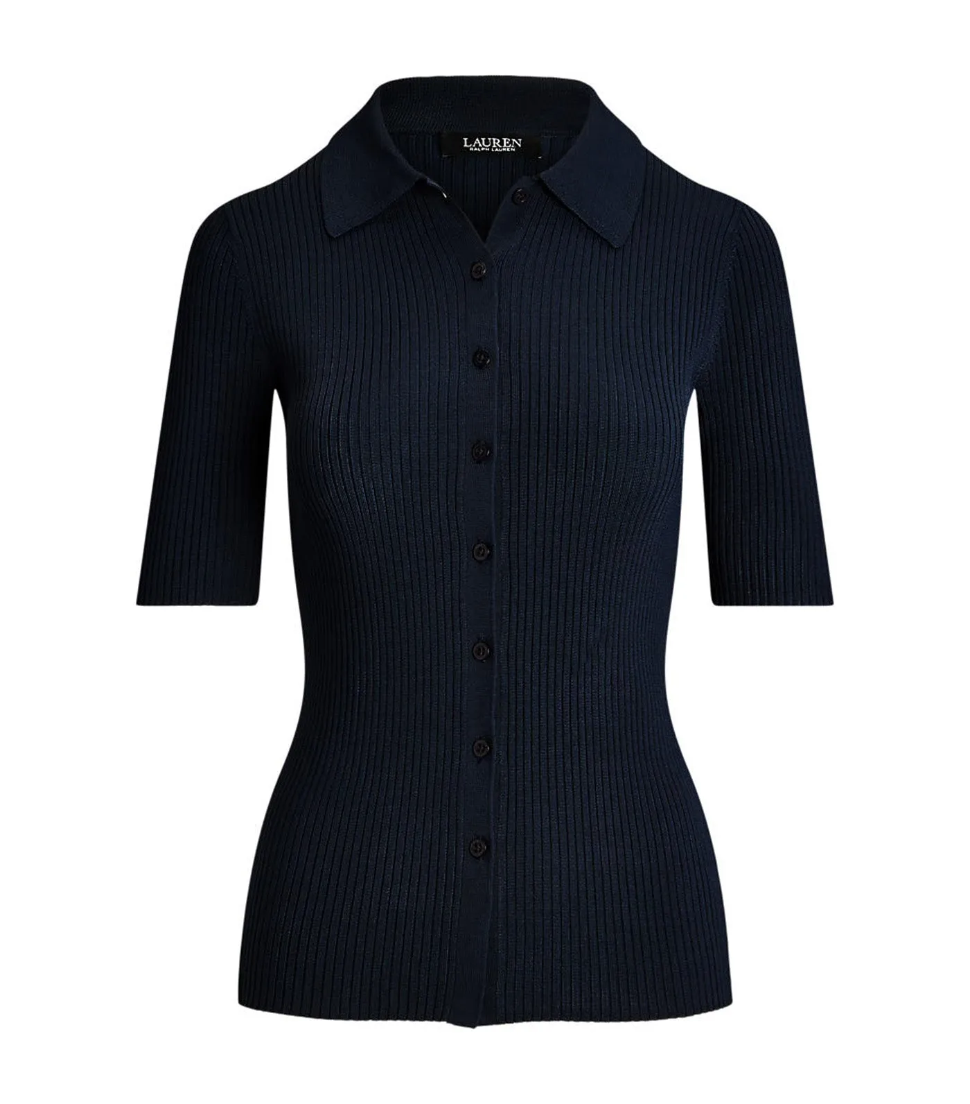 Women's Rib-Knit Elbow-Sleeve Polo Cardigan Lauren Navy