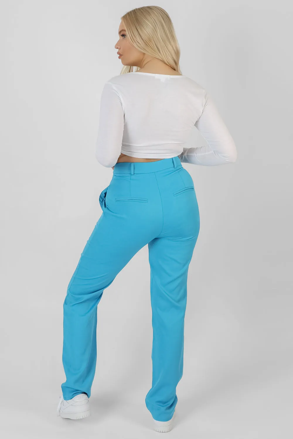 Wrap Waistband Straight Leg Trouser Blue